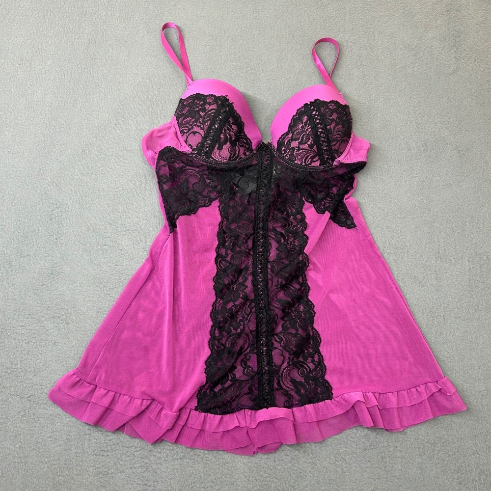 Jessica McClintock Babydoll Women 36B Pink Black Lace Sheer Mesh Ruffle Chemise